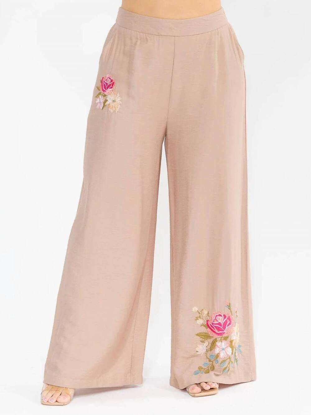 NEW LA REYNA elastic waist front pockets pant in beige
